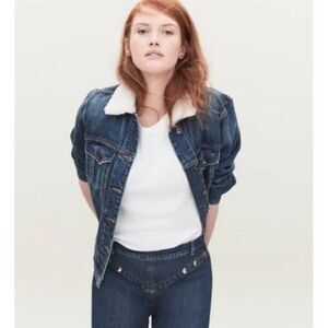 Good American Dark Blue Denim Jean Jacket with White Sherpa Collar